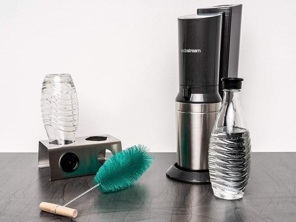 Two in ONE Abtropfhalter und Spülmaschineneinsatz - 5 fach - aus Edelstahl kompatibel mit Sodastream Crystal & Emil Flaschen - Flaschenhalter mit praktischer Deckelhalterung